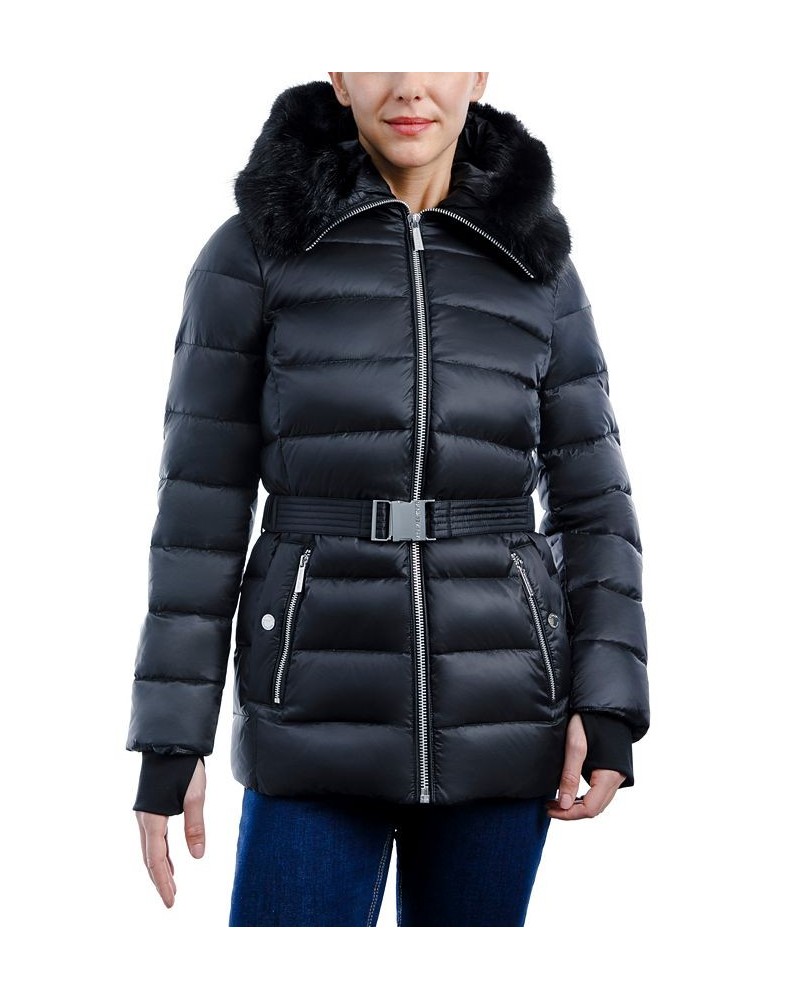 Women's Belted Faux-Fur-Trim Hooded Puffer Coat Black $79.20 Coats