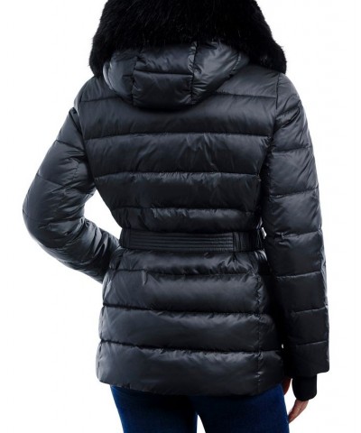 Women's Belted Faux-Fur-Trim Hooded Puffer Coat Black $79.20 Coats