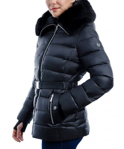 Women's Belted Faux-Fur-Trim Hooded Puffer Coat Black $79.20 Coats