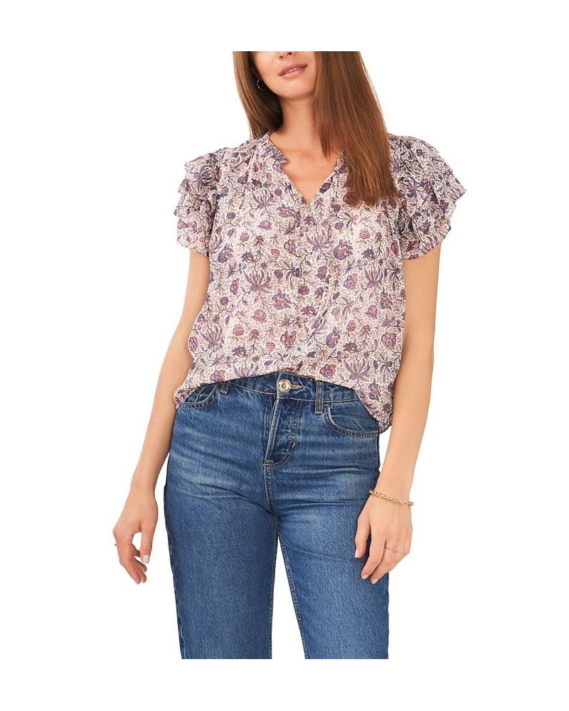 Women's Flutter Sleeve Tie V-neck Top Twilight Purple $27.43 Tops