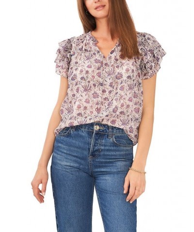 Women's Flutter Sleeve Tie V-neck Top Twilight Purple $27.43 Tops