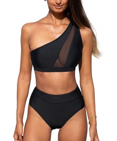 Women's High Waisted One Shoulder Top Wide Straps Bikini Set Black $18.40 Swimsuits