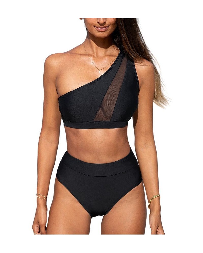 Women's High Waisted One Shoulder Top Wide Straps Bikini Set Black $18.40 Swimsuits