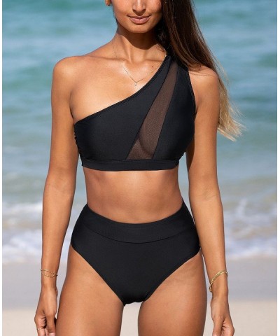 Women's High Waisted One Shoulder Top Wide Straps Bikini Set Black $18.40 Swimsuits