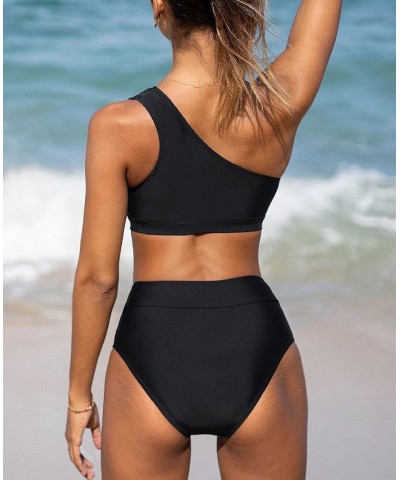 Women's High Waisted One Shoulder Top Wide Straps Bikini Set Black $18.40 Swimsuits