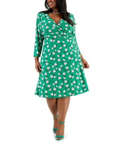 Plus Size Maura Printed 3/4-Sleeve Faux-Wrap Dress Green Combo $32.70 Dresses