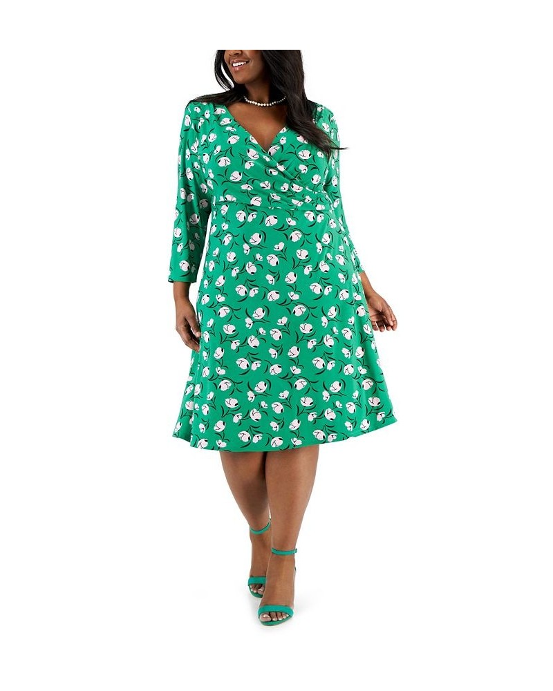 Plus Size Maura Printed 3/4-Sleeve Faux-Wrap Dress Green Combo $32.70 Dresses