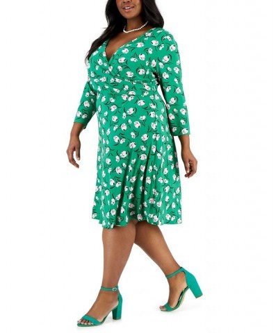 Plus Size Maura Printed 3/4-Sleeve Faux-Wrap Dress Green Combo $32.70 Dresses