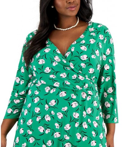 Plus Size Maura Printed 3/4-Sleeve Faux-Wrap Dress Green Combo $32.70 Dresses