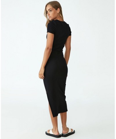 Women's Rib Short Sleeve Split Midi Dress Black $22.00 Dresses