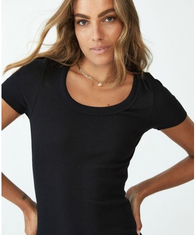 Women's Rib Short Sleeve Split Midi Dress Black $22.00 Dresses