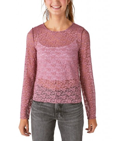 Lace Crew Neck Long Sleeve Top Brown $17.89 Tops