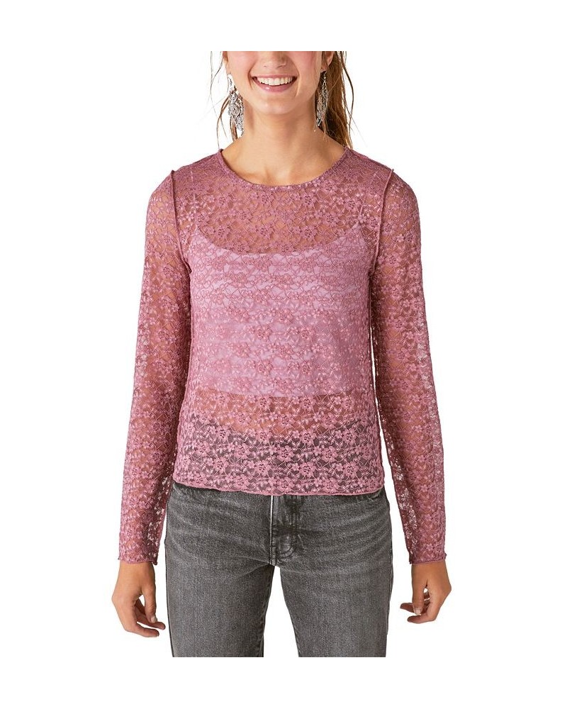 Lace Crew Neck Long Sleeve Top Brown $17.89 Tops