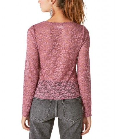 Lace Crew Neck Long Sleeve Top Brown $17.89 Tops