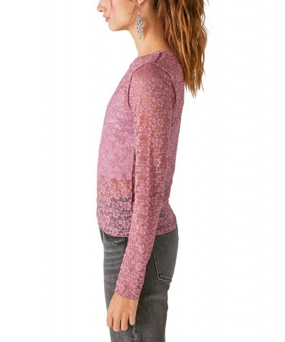 Lace Crew Neck Long Sleeve Top Brown $17.89 Tops