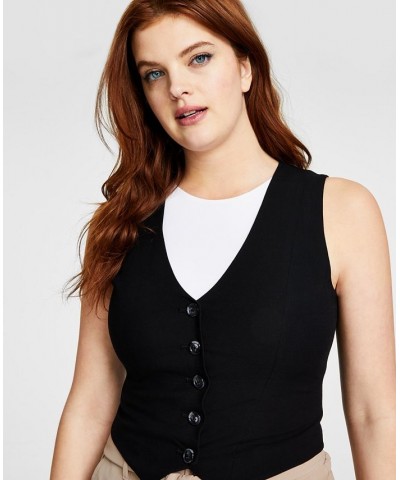 Women's Cropped Button-Front Sleeveless Vest Black $24.99 Jackets