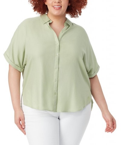 Plus Size Daisy Button-Down Woven Shirt Green $27.60 Tops