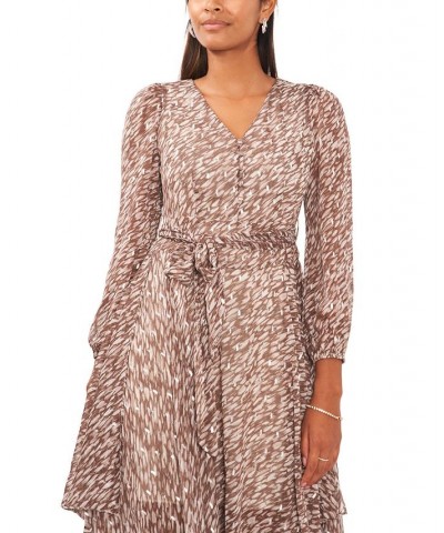 Petite Chiffon Belted Metallic-Flecked Dress Mushroom $42.57 Dresses