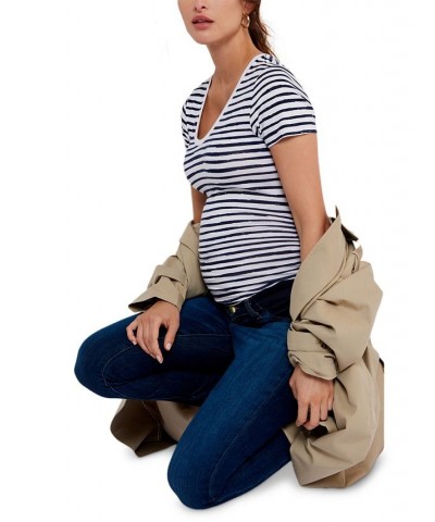 Luxe Side Ruched V-Scoop Maternity T Shirt White/Black Stripe $25.20 Tops