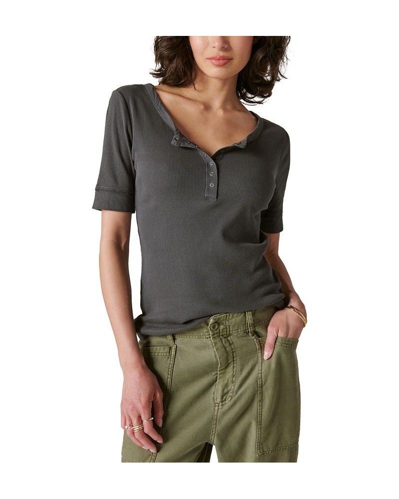 Women's Short Sleeve Henley Top Black $35.11 Tops