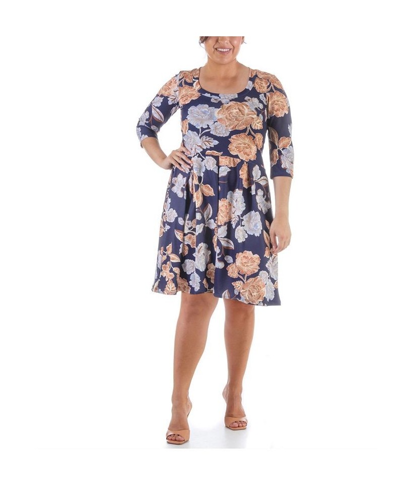 Plus Size Three Quarter Sleeve Dress Navy, Brown Multi $23.05 Dresses