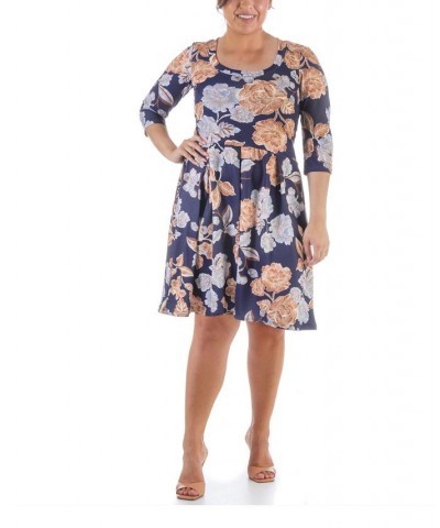 Plus Size Three Quarter Sleeve Dress Navy, Brown Multi $23.05 Dresses