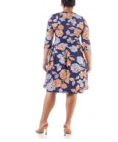 Plus Size Three Quarter Sleeve Dress Navy, Brown Multi $23.05 Dresses