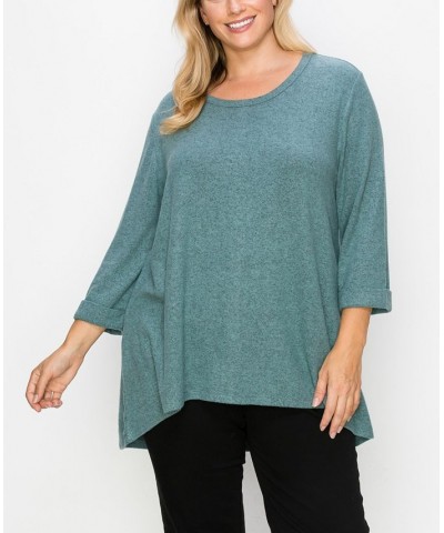 Plus Size Cozy 3/4 Rolled Sleeve Button Back Top Blue $21.07 Tops