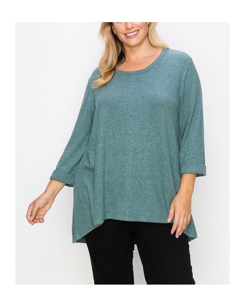 Plus Size Cozy 3/4 Rolled Sleeve Button Back Top Blue $21.07 Tops