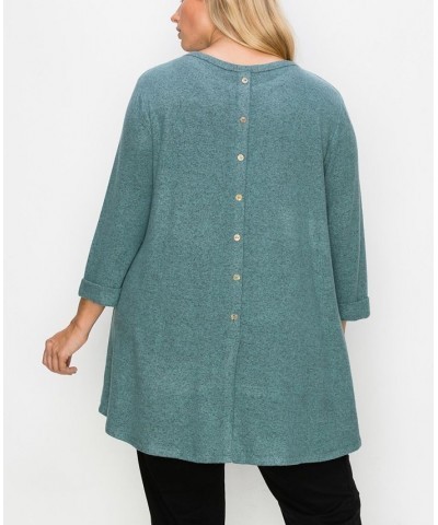 Plus Size Cozy 3/4 Rolled Sleeve Button Back Top Blue $21.07 Tops