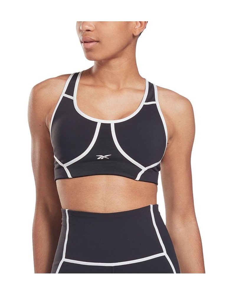 Women's Lux Piping-Trim Medium-Impact Racerback Sports Bra Black $14.10 Bras