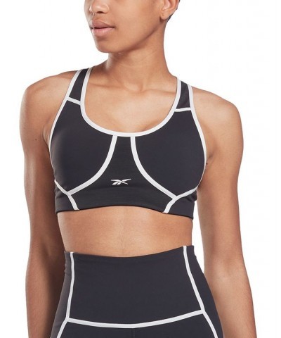 Women's Lux Piping-Trim Medium-Impact Racerback Sports Bra Black $14.10 Bras