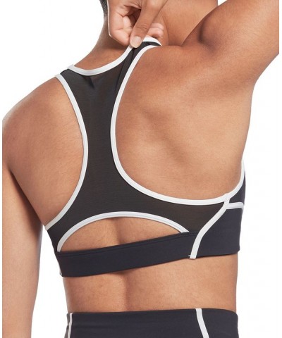 Women's Lux Piping-Trim Medium-Impact Racerback Sports Bra Black $14.10 Bras