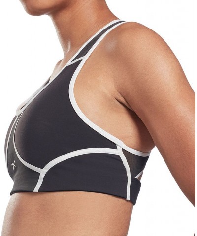 Women's Lux Piping-Trim Medium-Impact Racerback Sports Bra Black $14.10 Bras