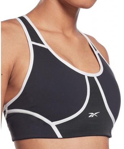 Women's Lux Piping-Trim Medium-Impact Racerback Sports Bra Black $14.10 Bras