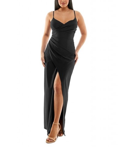 Juniors' Gathered Front-Slit Evening Gown Black $52.89 Dresses