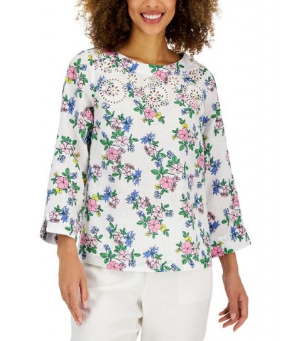 Women's Linen Floral-Printed Top Bright White Combo $28.36 Tops