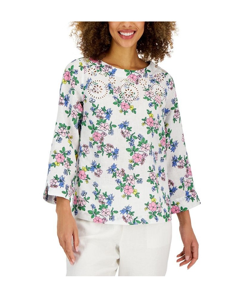 Women's Linen Floral-Printed Top Bright White Combo $28.36 Tops