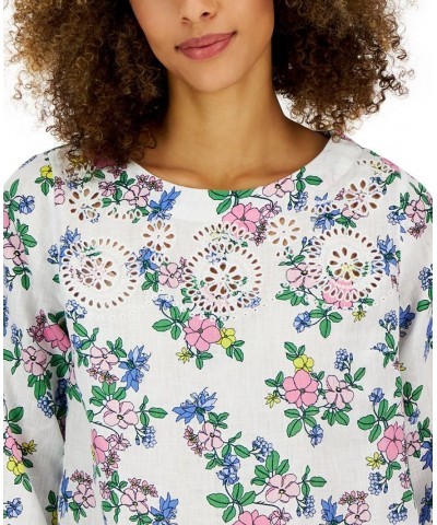 Women's Linen Floral-Printed Top Bright White Combo $28.36 Tops