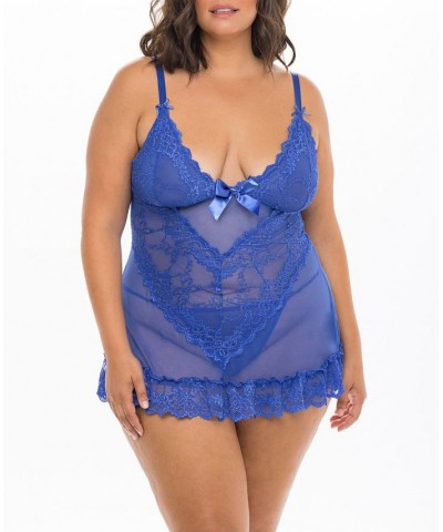 Plus Size Soft Cup Lacey Baby doll with Bows and G-String 2 Piece Dazzling Blue $22.78 Lingerie