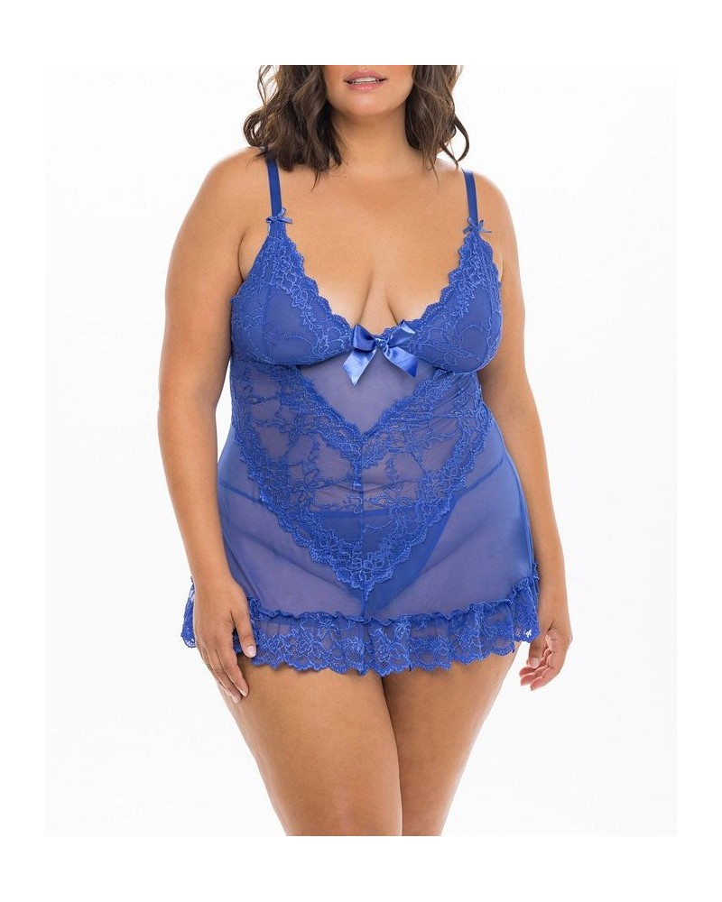 Plus Size Soft Cup Lacey Baby doll with Bows and G-String 2 Piece Dazzling Blue $22.78 Lingerie