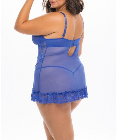 Plus Size Soft Cup Lacey Baby doll with Bows and G-String 2 Piece Dazzling Blue $22.78 Lingerie