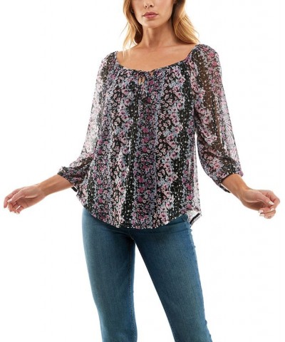 Juniors' Printed Round-neck 3/4-Bubble-Sleeve Mesh Top Patern G $15.34 Tops