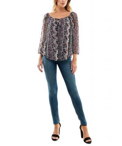 Juniors' Printed Round-neck 3/4-Bubble-Sleeve Mesh Top Patern G $15.34 Tops