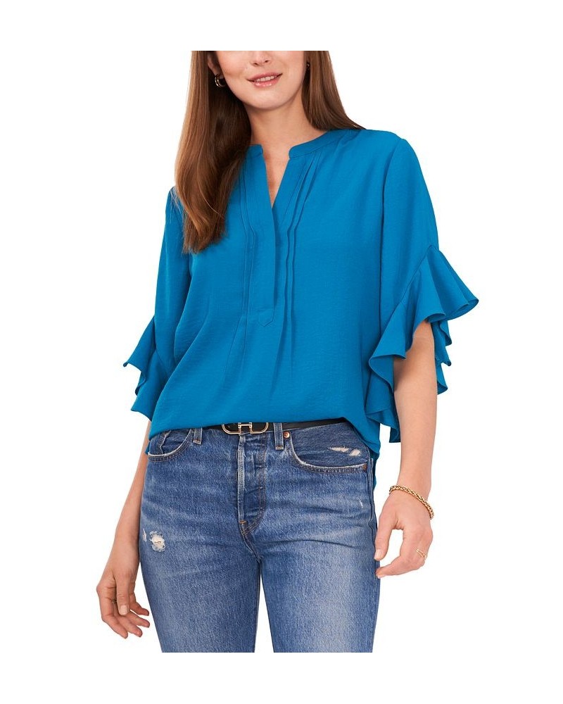 Women's Ruffle Sleeve Henley Blouse Teal Waters $40.05 Tops