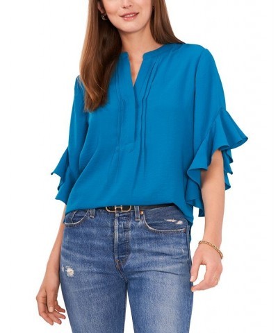 Women's Ruffle Sleeve Henley Blouse Teal Waters $40.05 Tops