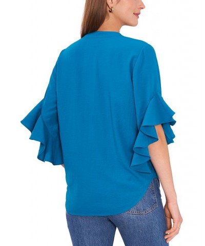 Women's Ruffle Sleeve Henley Blouse Teal Waters $40.05 Tops