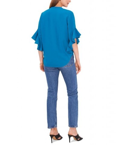 Women's Ruffle Sleeve Henley Blouse Teal Waters $40.05 Tops