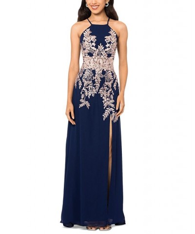 Women's Embellished Appliquéd Halter Gown Navy Rose $89.70 Dresses