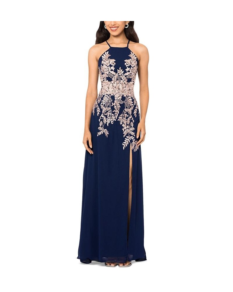 Women's Embellished Appliquéd Halter Gown Navy Rose $89.70 Dresses